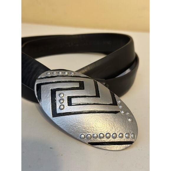 Chico’s Belt Black Leather Silver Hammered Metal Western Boho Aztec Buckle Small - Picture 2 of 9